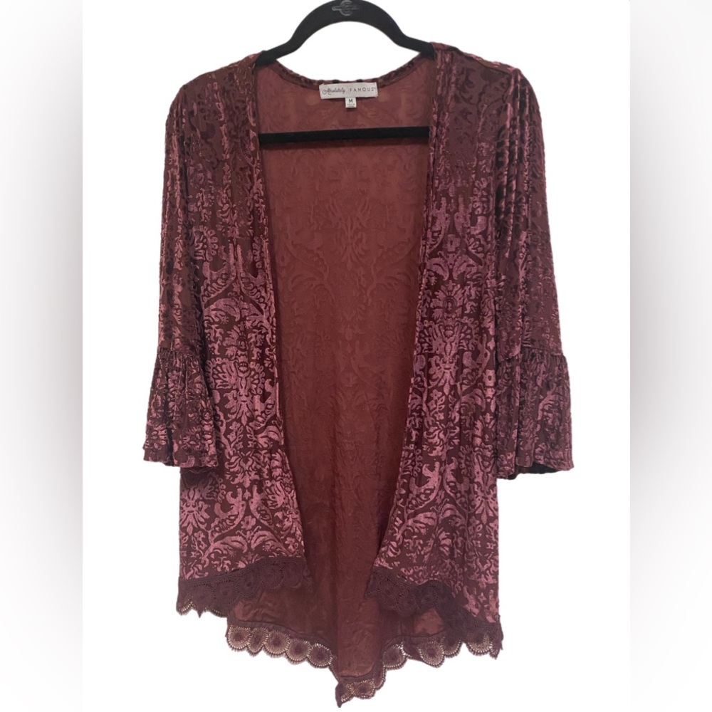 Women’s Crochet Hem Velvet whimsigoth Damask Print Open Cardigan Size Medium